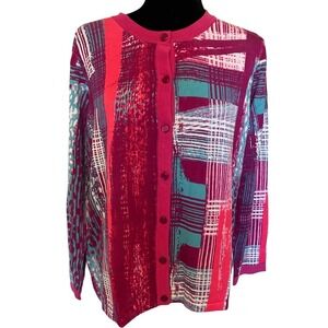 NWT Bob Mackie Red and Pink Patterned Print Cardigan Sweater Size Medium‎